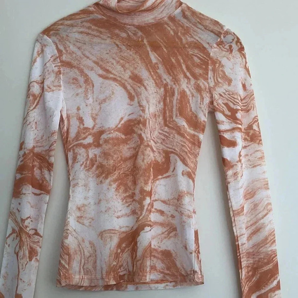 HYFVE Long Sleeve Sheer Turtleneck. Peach & White Marbleized Print Size S - Picture 3 of 10